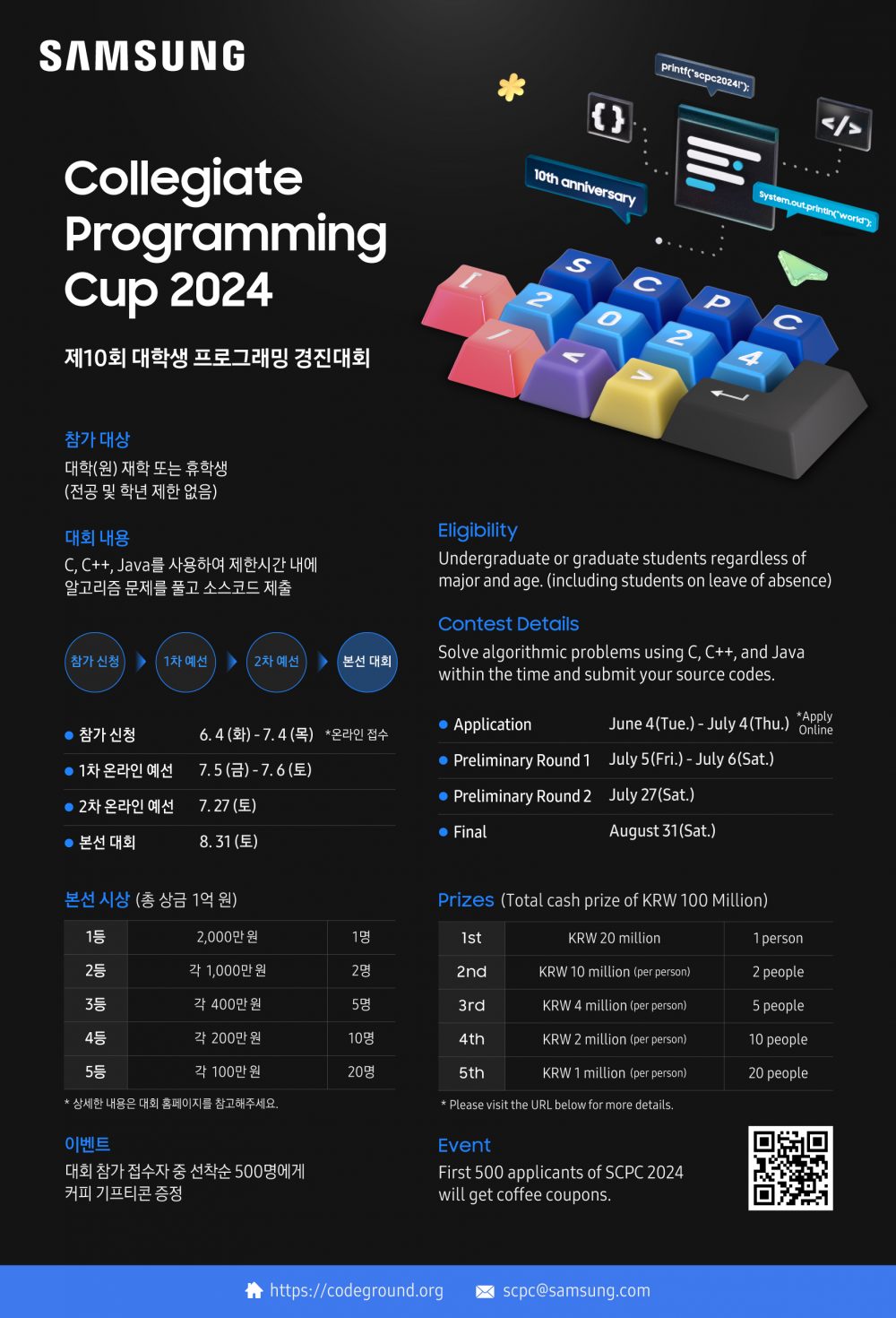 제 10회 '삼성전자 대학생 프로그래밍 경진대회(Samsung Collegiate Programming Cup, SCPC)' 참가자 모집 포스터