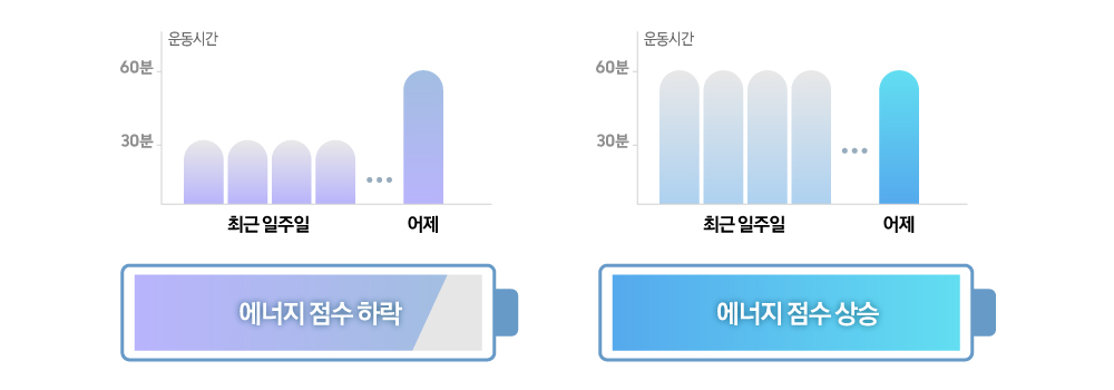 운동시간 60분 30분 최근 일주일 어제 에너지 점수 하락 운동시간 60분 30분 최근 일주일 어제 에너지 점수 상승